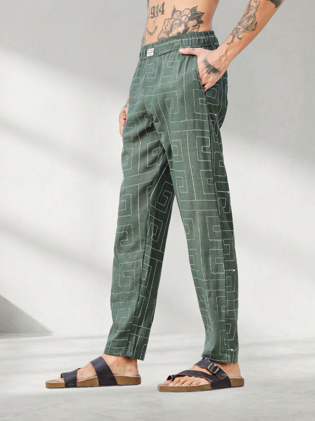 Olive Linen Blend Embroidered Notched Lapel Shirt and All Day Pants Co-ord Set