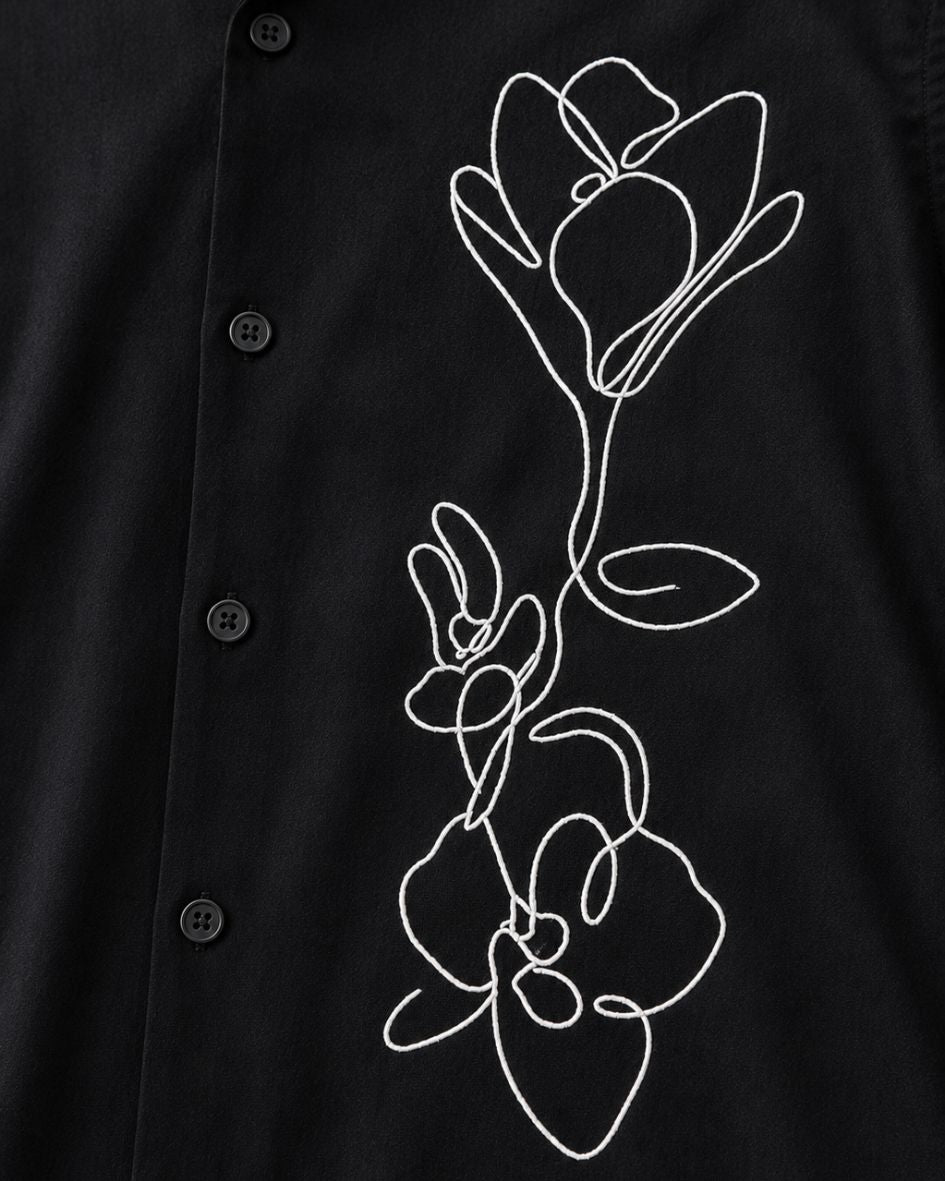 Black Embroidered Relaxed Fit Oversized Half Sleeve Casual Resort Shirt
