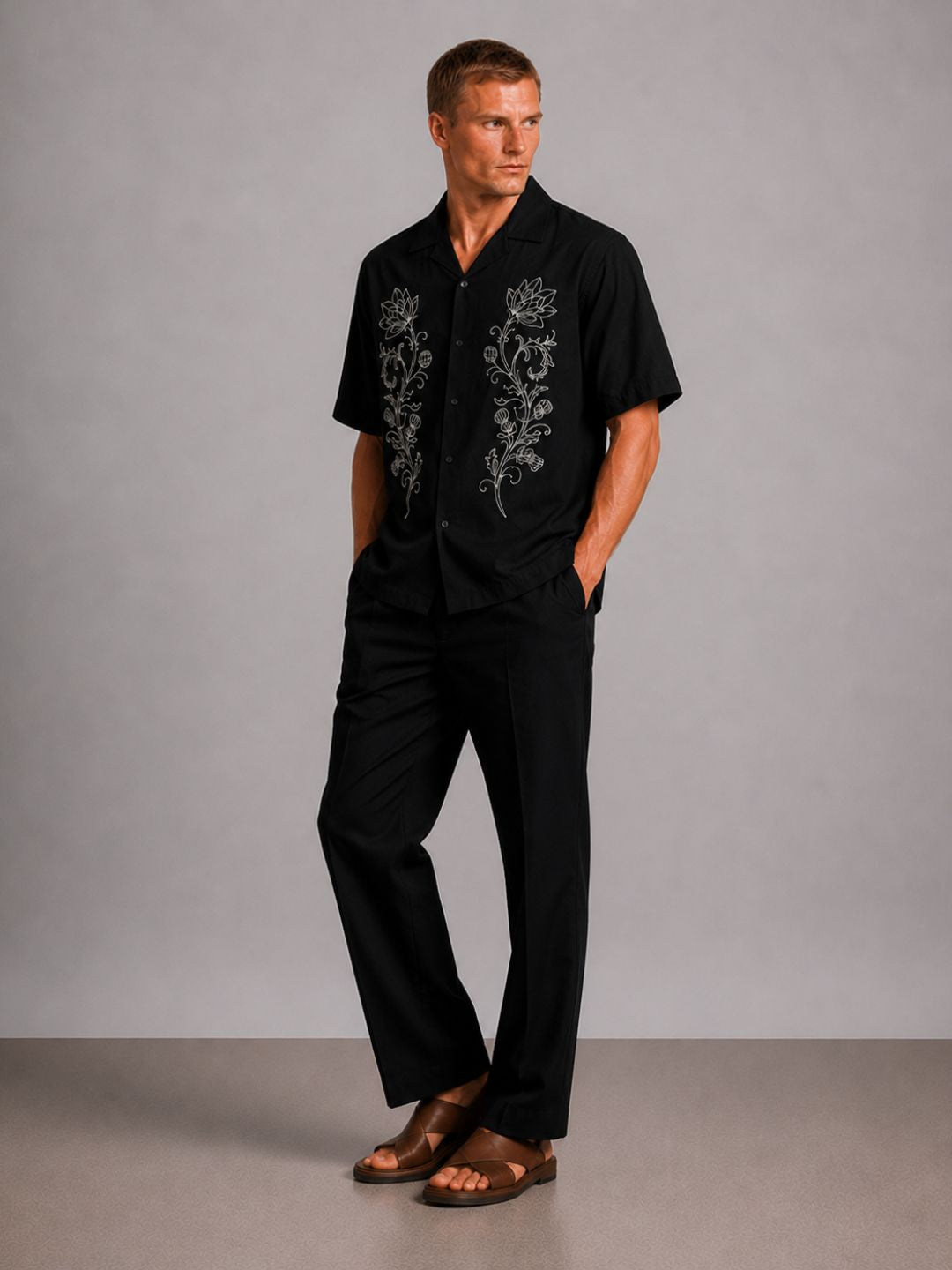 Black Embroidered Relax Fit Oversized Half Sleeve Casual Resort Shirt