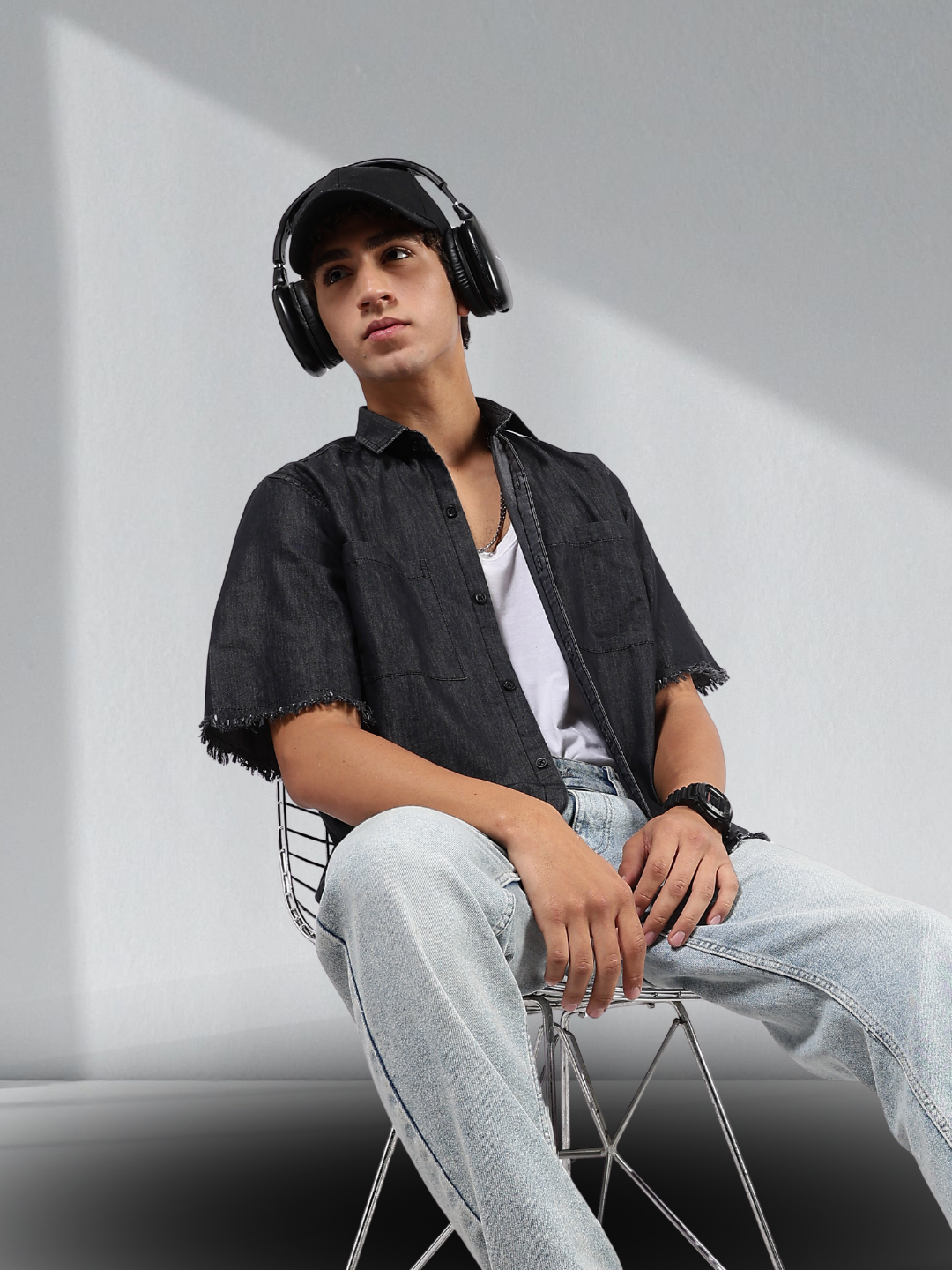 Black Raw Edge Oversized Box-Fit Spread Collar Premium Denim Shirt