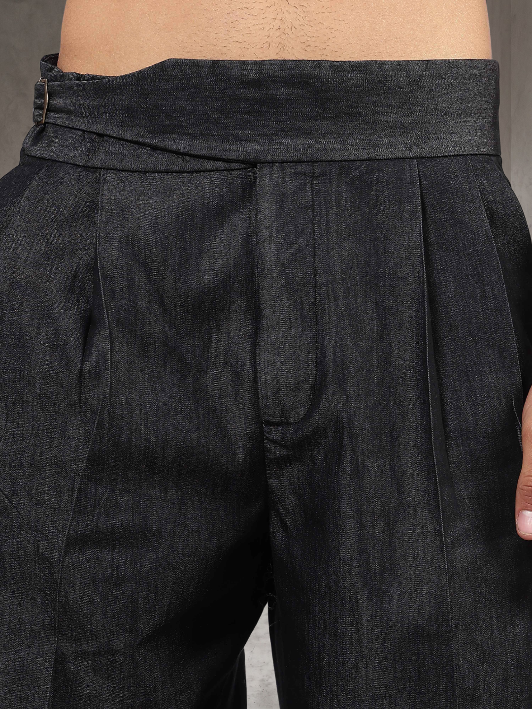 Black Premium Denim Gurkha Trousers with Double Pleated Front