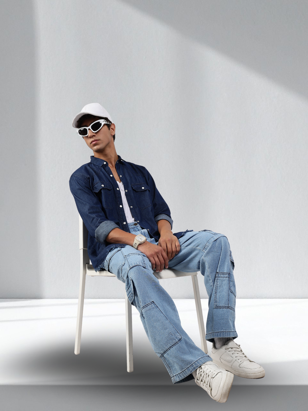 Navy Blue Raw Edge Oversized Relaxed Fit Spread Collar Premium Denim Shirt