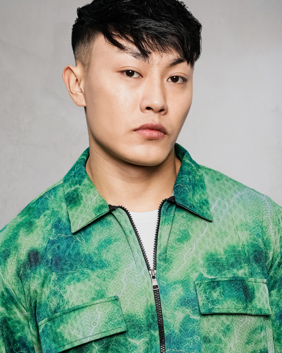 Grey & Green Abstract Printed Drop-Shoulder Relaxed Fit Shirt Zipper Shirt
