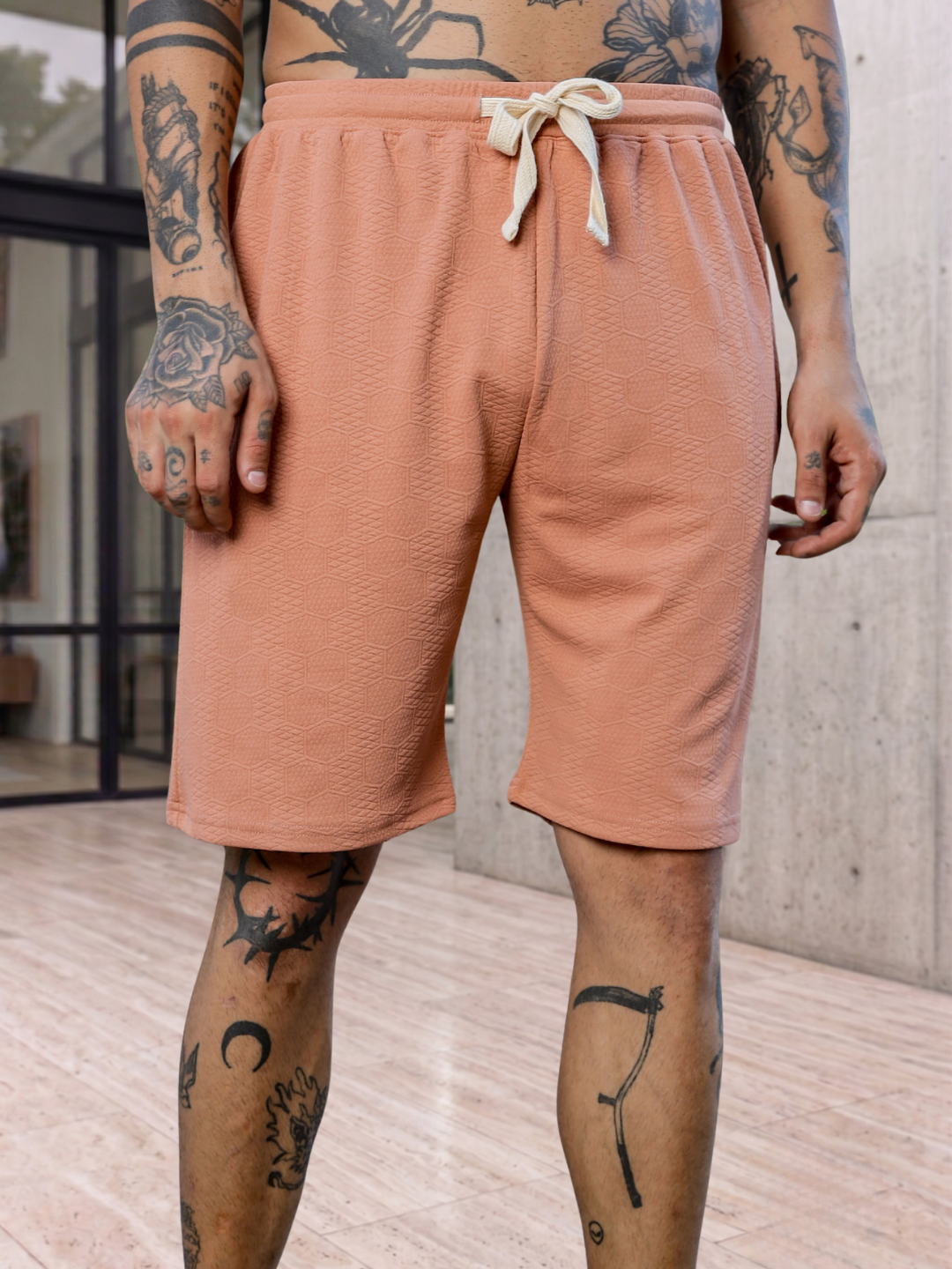 Unisex Brown Textured Relaxed Fit Full Sleeve Polo T-Shirt & Shorts Co-ord Set