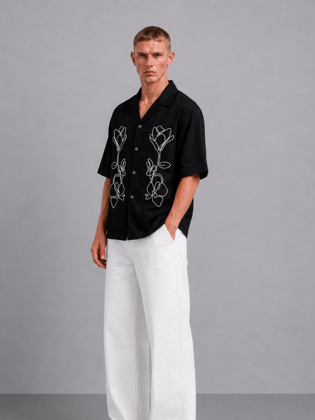 Black Embroidered Relaxed Fit Oversized Half Sleeve Casual Resort Shirt