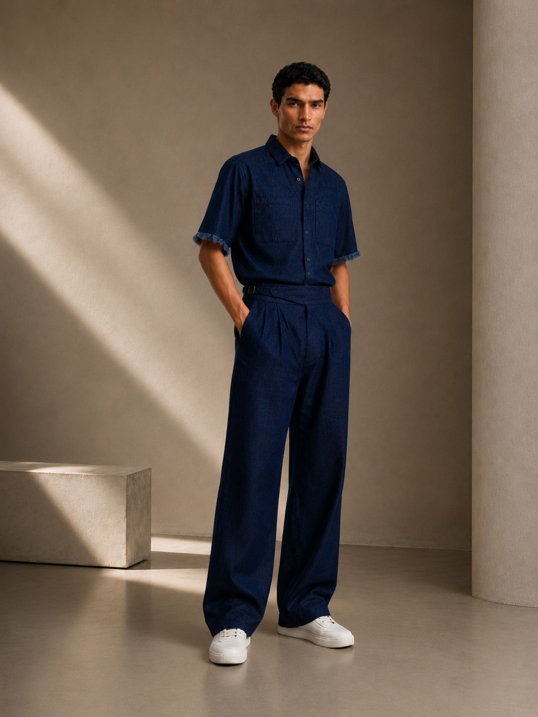 Co-Ord Set Navy Blue Premium Denim Gurkha Pant & Half Sleeve Shirt Relaxed Fit
