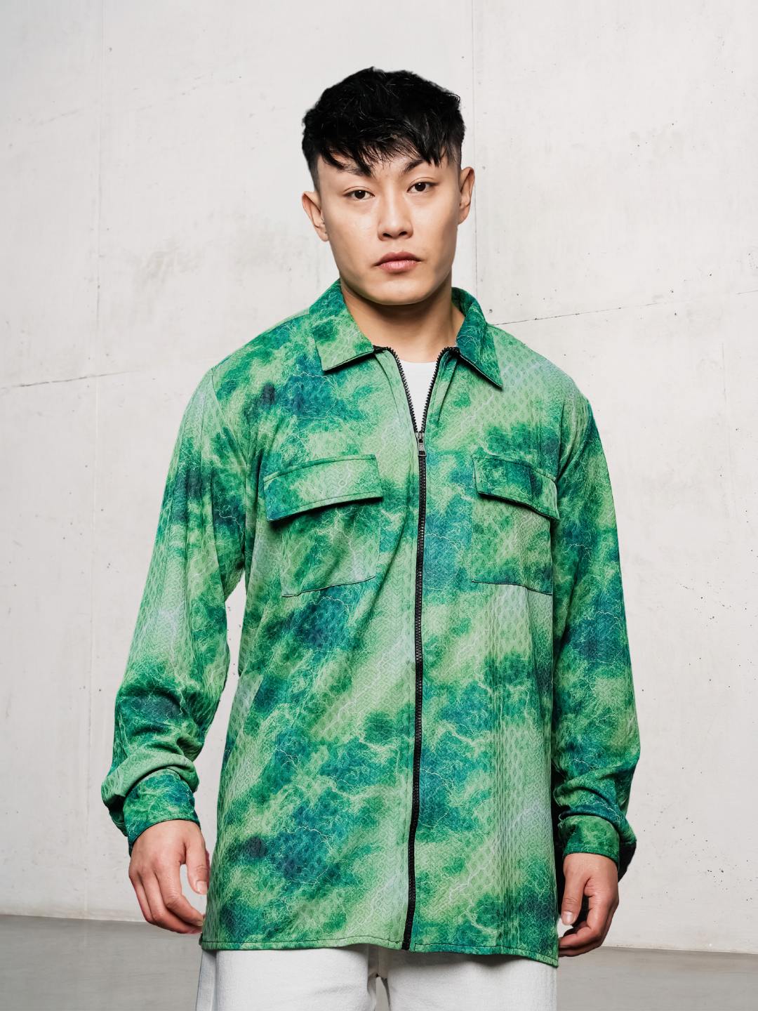 Grey & Green Abstract Printed Drop-Shoulder Relaxed Fit Shirt Zipper Shirt