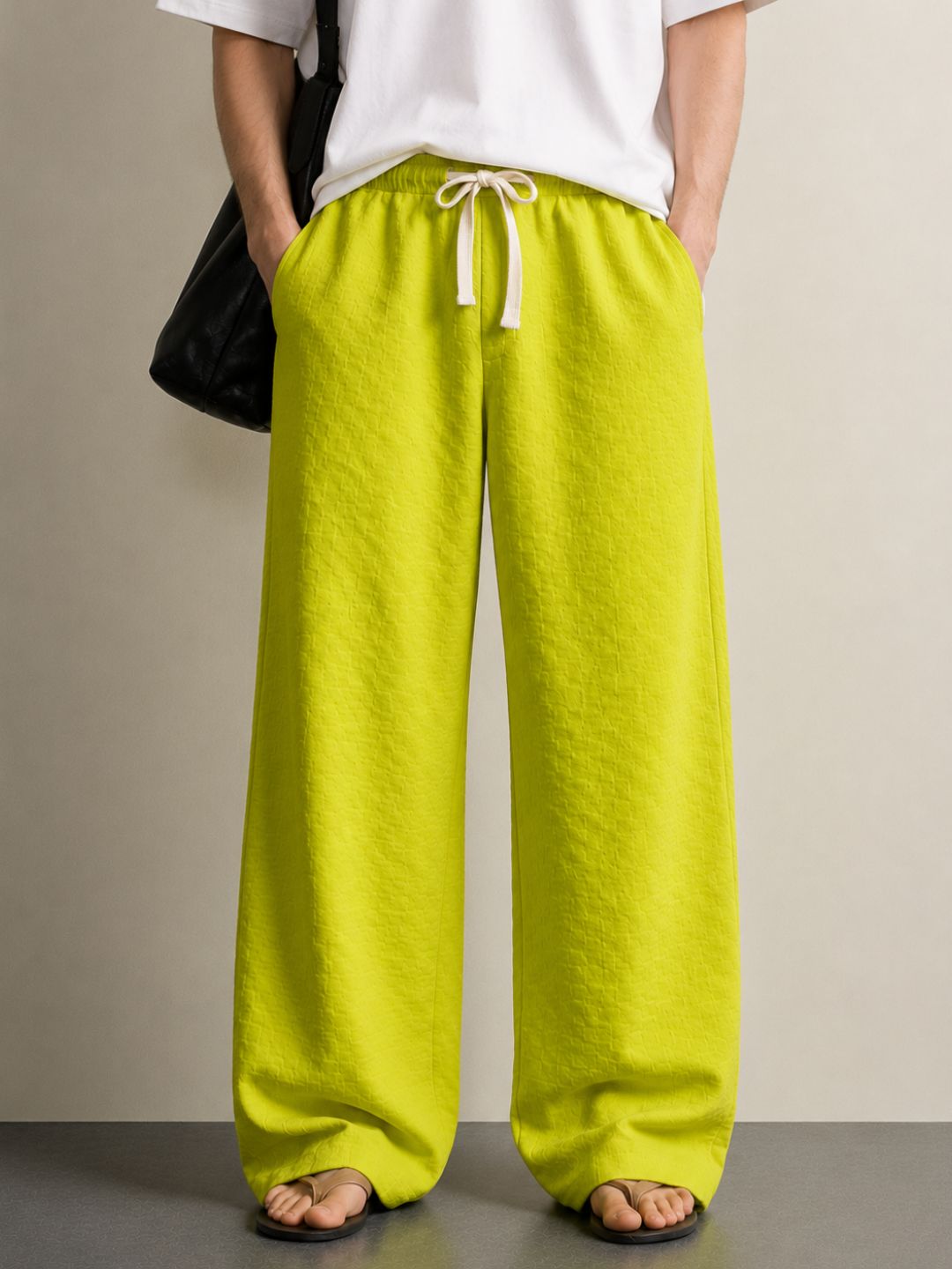 Neon Green Textured Relaxed-Fit Mid-Rise Korean Pant