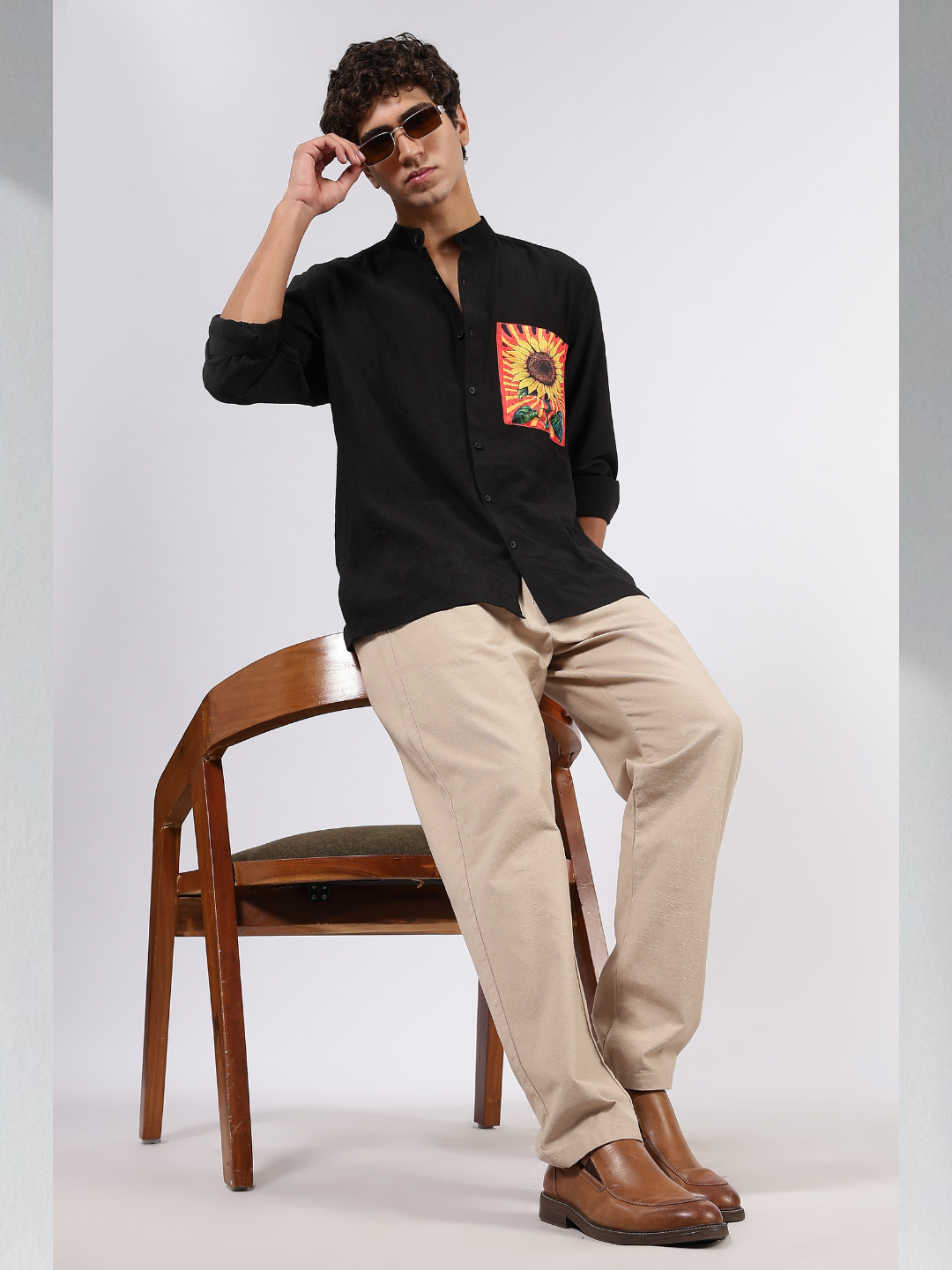 Black Mandarin Collar Pure Viscose Relaxed Fit Shirt 2.0