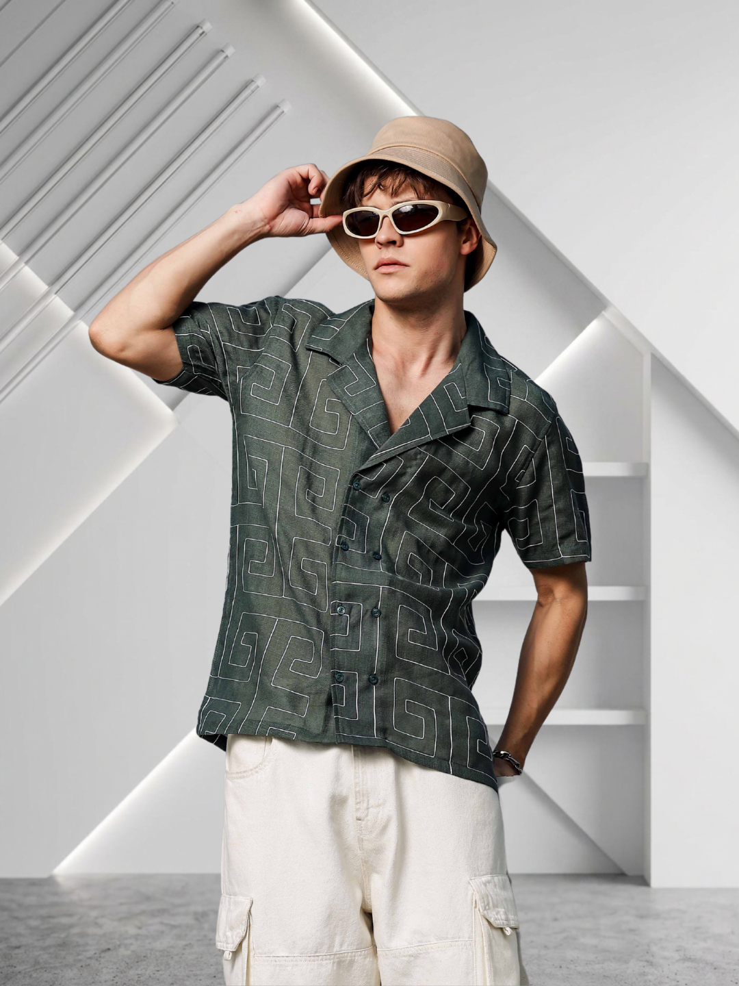 Olive Korean Linen Blend Embroidered Notched Lapel Collar Resort Shirt