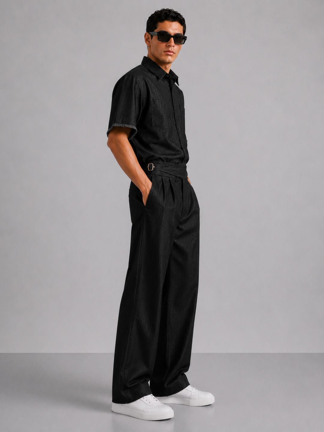 Co-Ord Set Black Premium Denim Gurkha Pant & Half Sleeve Shirt Relaxed Fit