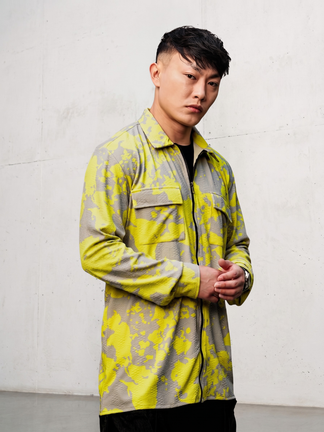 Neon Grey Splatter Abstract Print Textured Drop-Shoulder Relaxed Fit Shirt Zipper Shirt