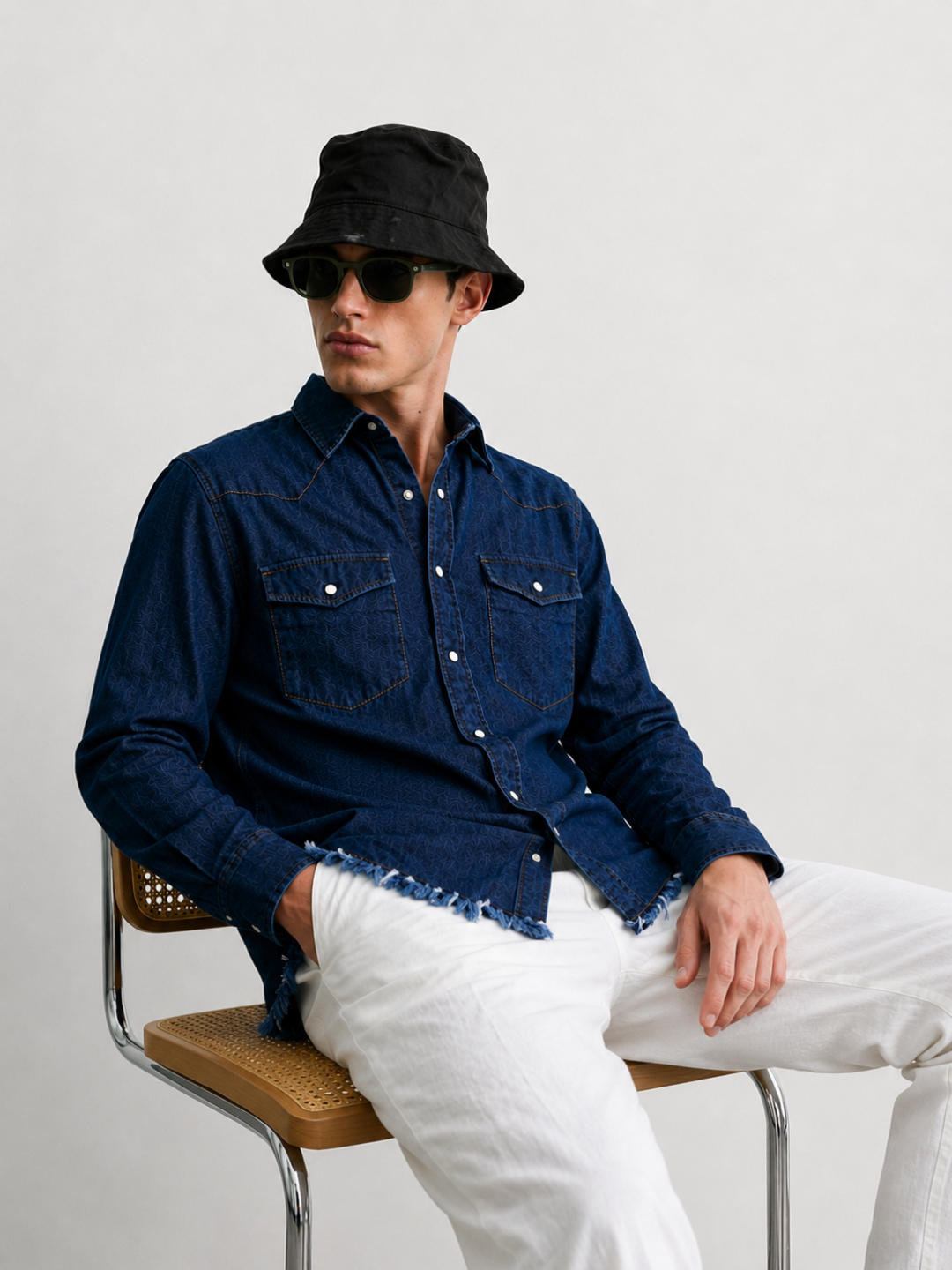 Navy Blue Raw Edge Oversized Relaxed Fit Spread Collar Premium Denim Full Sleeve Shirt