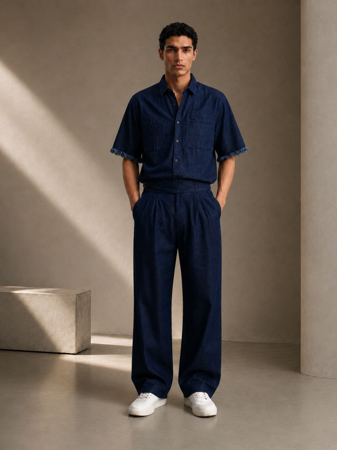 Co-Ord Set Navy Blue Premium Denim Gurkha Pant & Half Sleeve Shirt Relaxed Fit