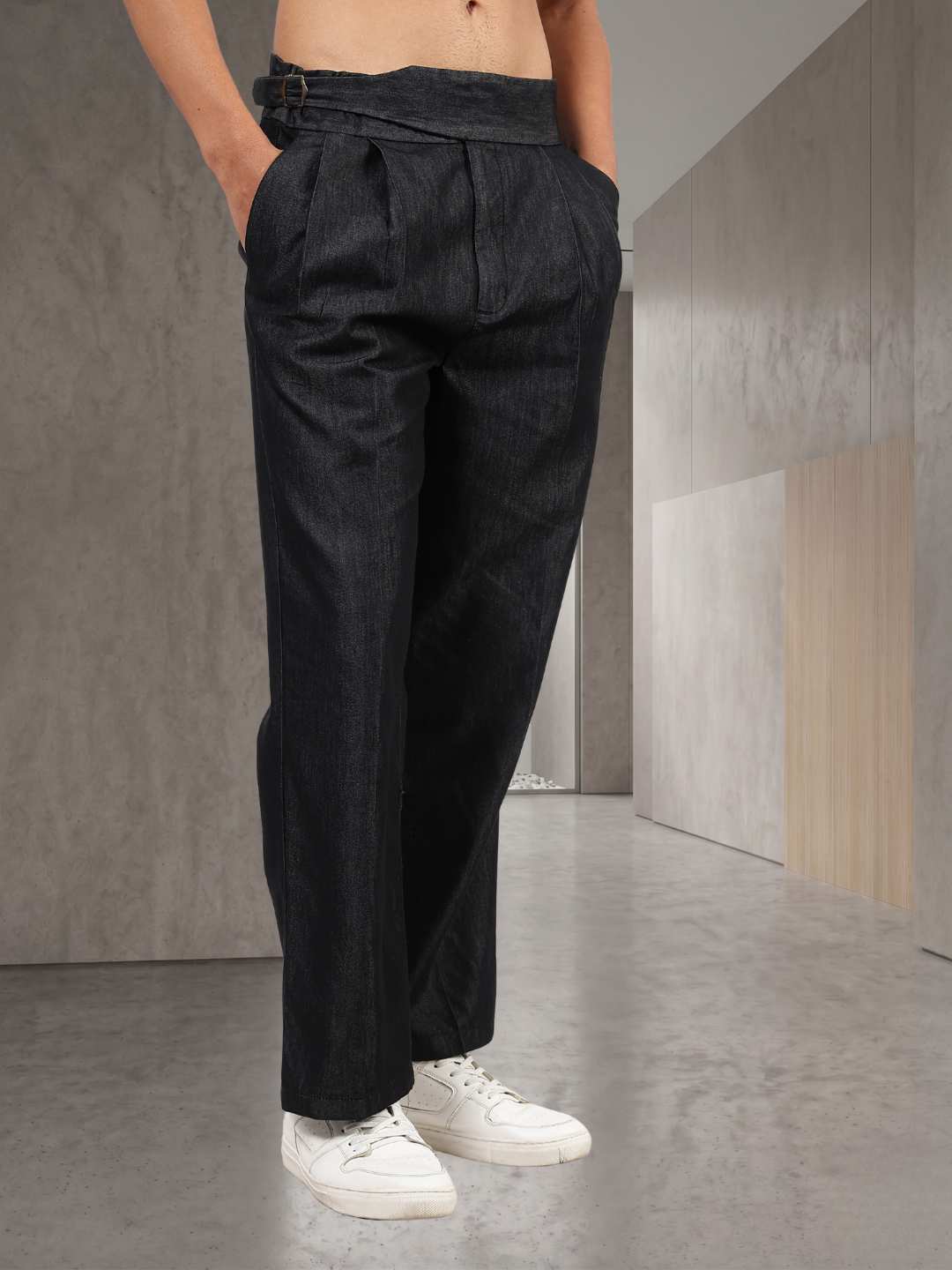 Black Premium Denim Gurkha Trousers with Double Pleated Front