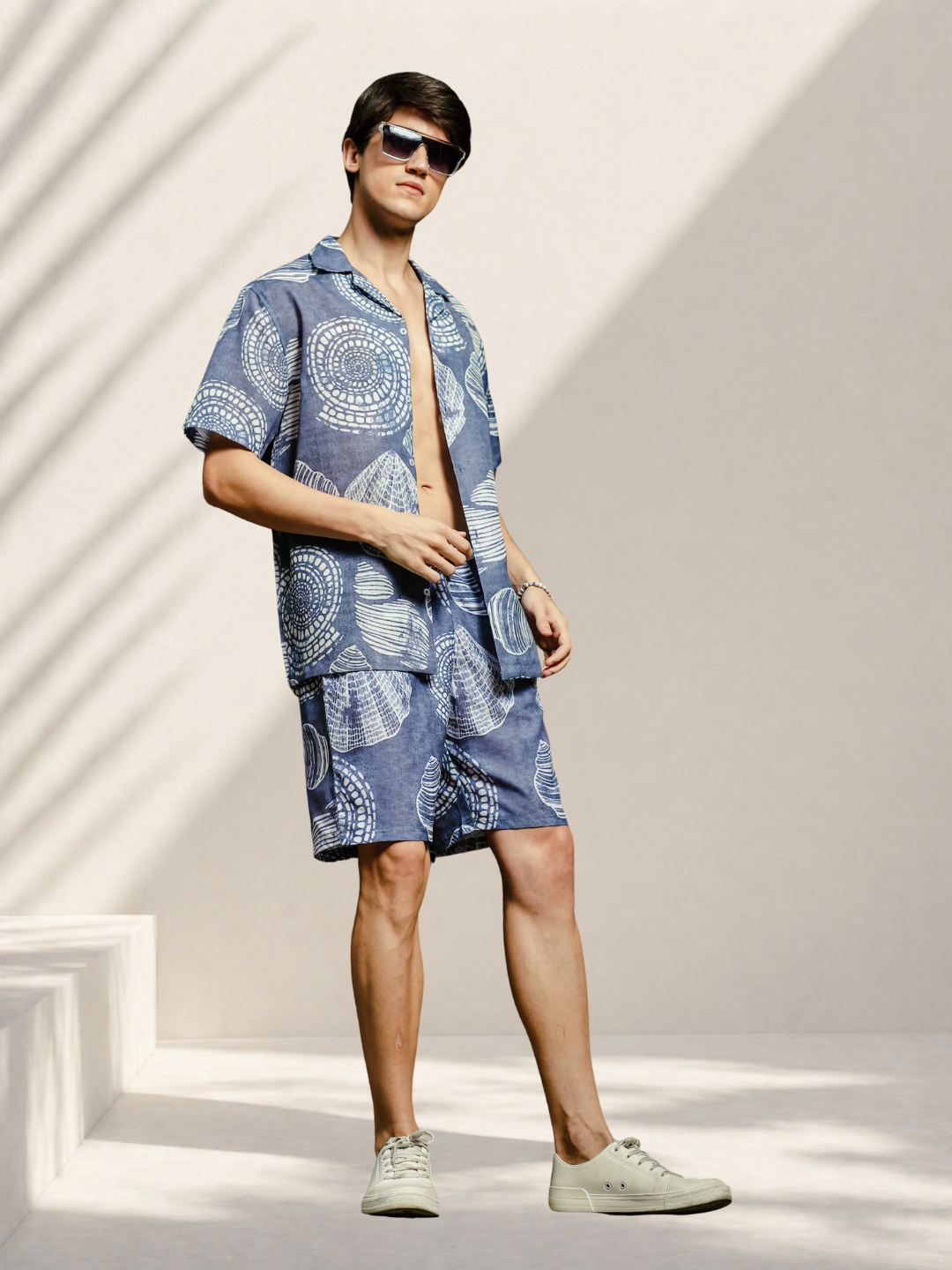 Grey Tropical Print Linen Blend Cuban Collar Resort Shirt & Shorts Co-ord Set
