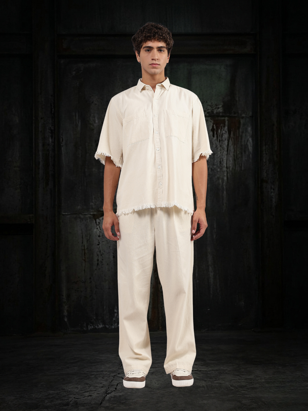 Co-Ord Set Off-White Premium Denim Gurkha Pant & Half Sleeve Shirt Relaxed Fit