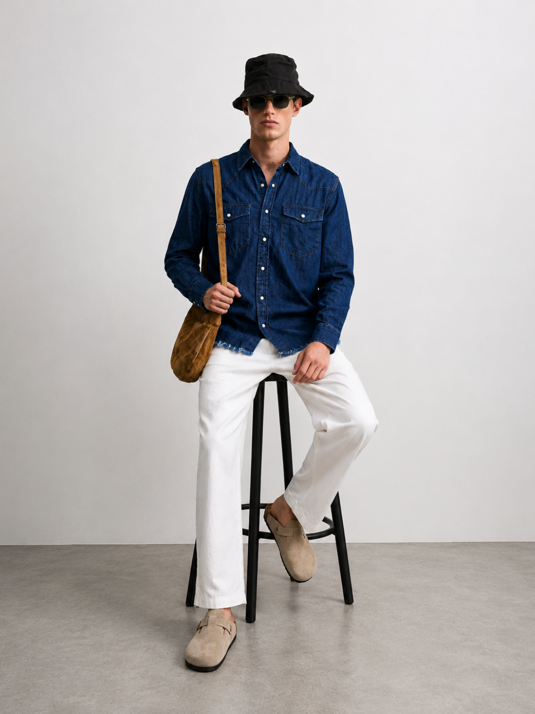 Navy Blue Raw Edge Oversized Relaxed Fit Spread Collar Premium Denim Full Sleeve Shirt