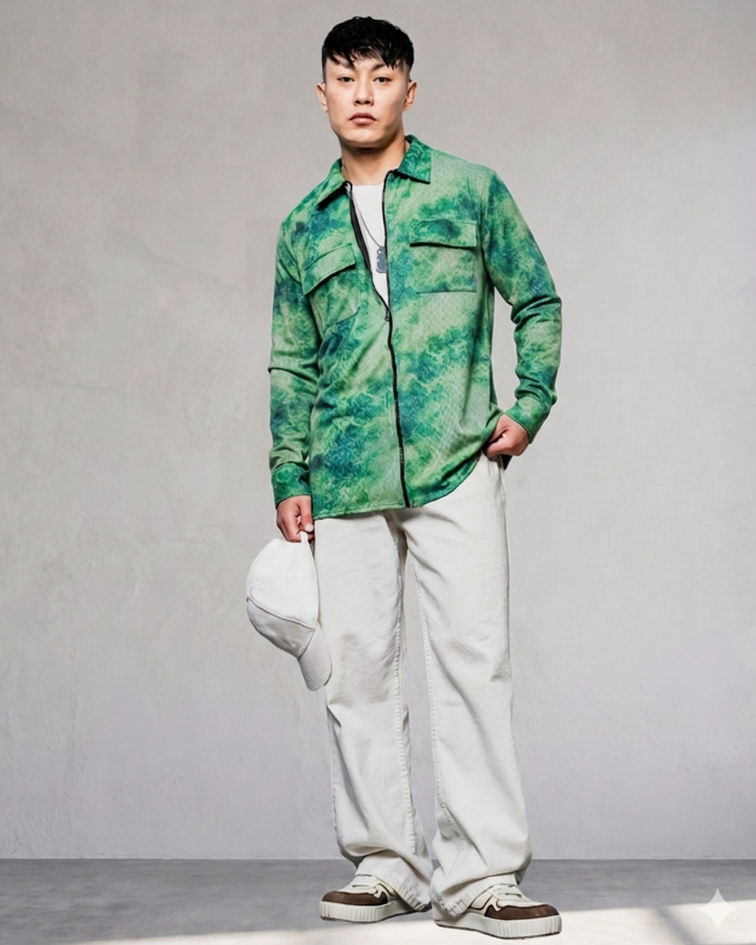Grey & Green Abstract Printed Drop-Shoulder Relaxed Fit Shirt Zipper Shirt