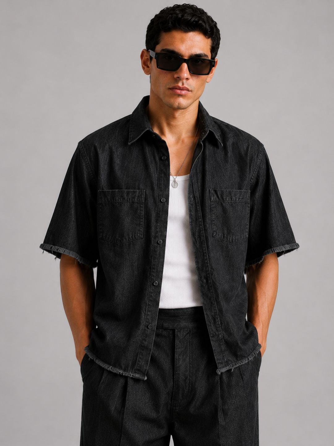 Co-Ord Set Black Premium Denim Gurkha Pant & Half Sleeve Shirt Relaxed Fit