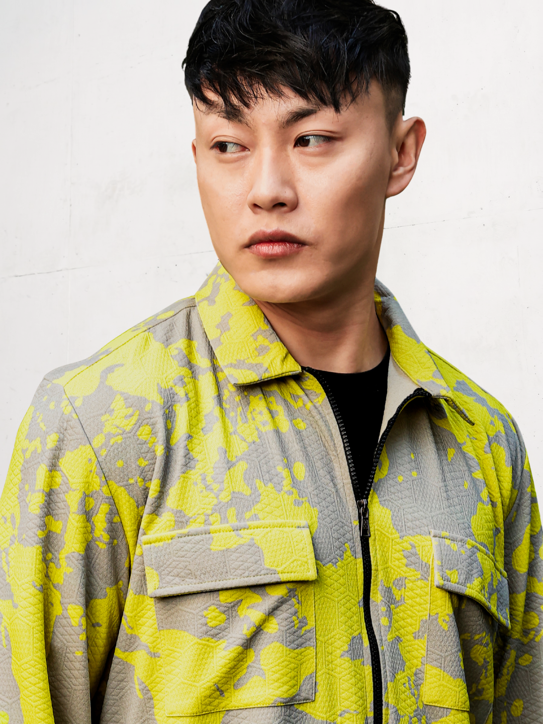 Neon Grey Splatter Abstract Print Textured Drop-Shoulder Relaxed Fit Shirt Zipper Shirt