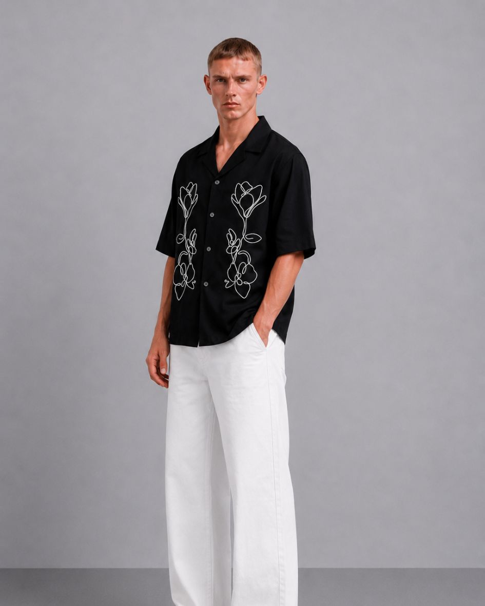 Black Embroidered Relaxed Fit Oversized Half Sleeve Casual Resort Shirt