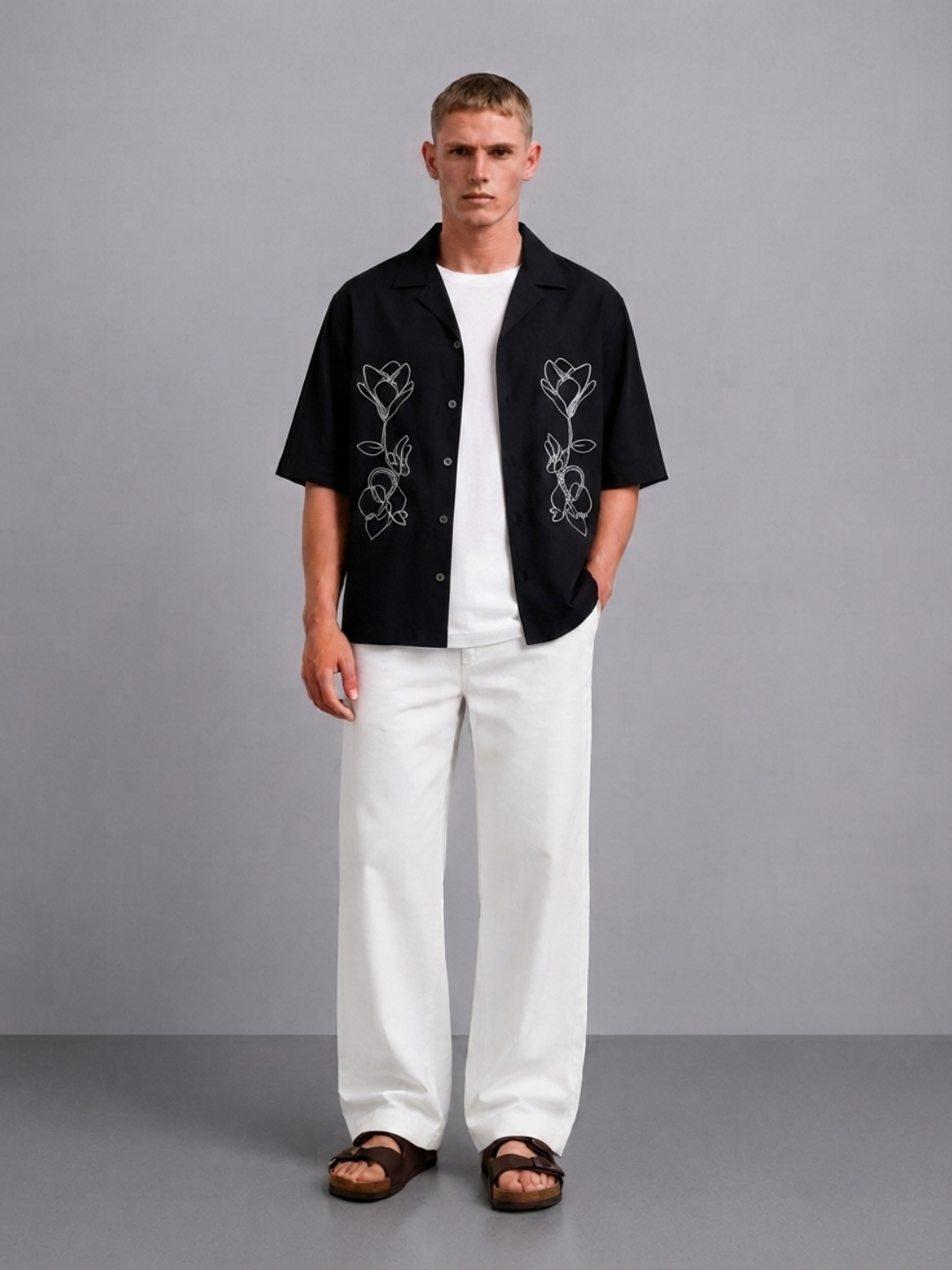 Black Embroidered Relaxed Fit Oversized Half Sleeve Casual Resort Shirt