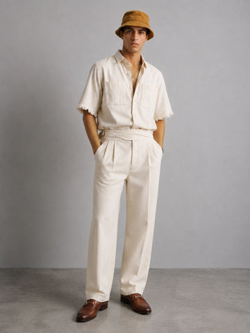 Co-Ord Set Off-White Premium Denim Gurkha Pant & Half Sleeve Shirt Relaxed Fit