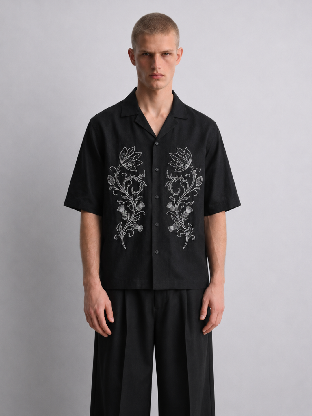 Black Embroidered Relax Fit Oversized Half Sleeve Casual Resort Shirt