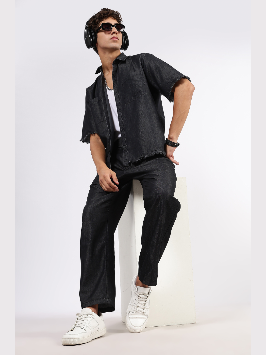 Co-Ord Set Black Premium Denim Gurkha Pant & Half Sleeve Shirt Relaxed Fit