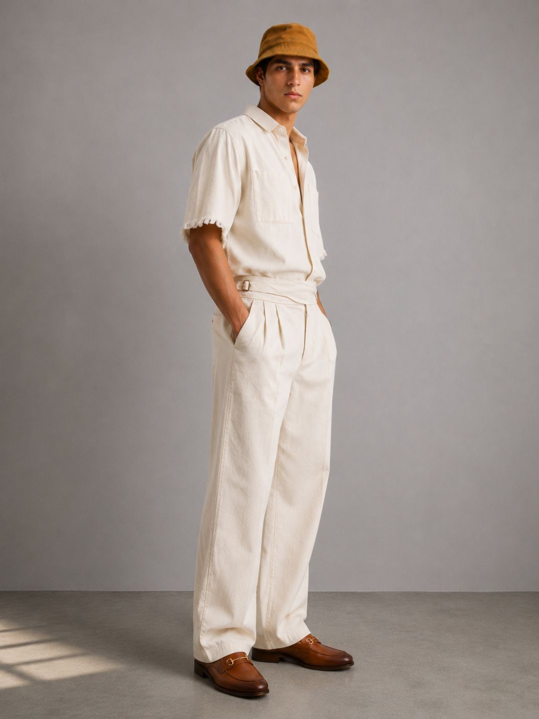 Co-Ord Set Off-White Premium Denim Gurkha Pant & Half Sleeve Shirt Relaxed Fit