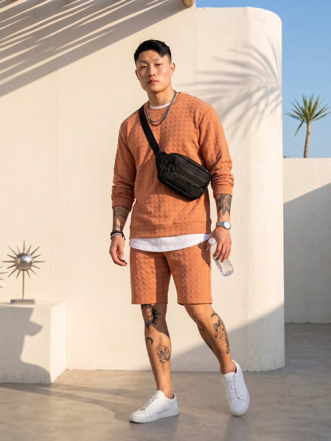 Unisex Brown Textured Relaxed Fit Full Sleeve T-Shirt & Shorts Co-ord Set