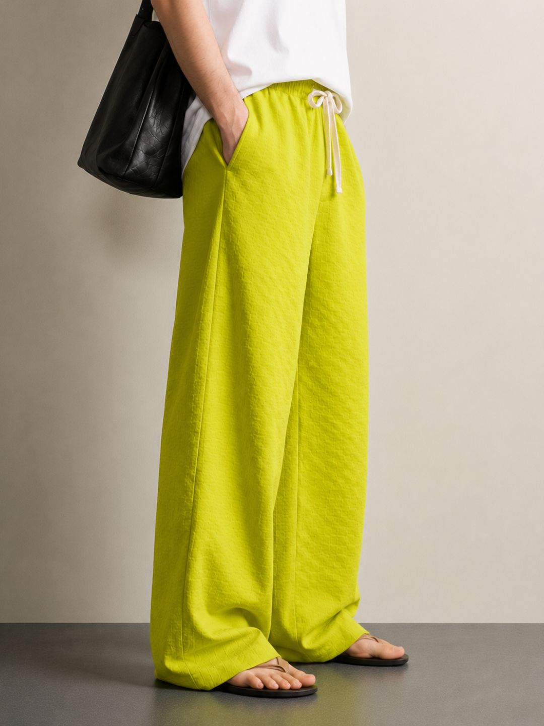 Neon Green Textured Relaxed-Fit Mid-Rise Korean Pant