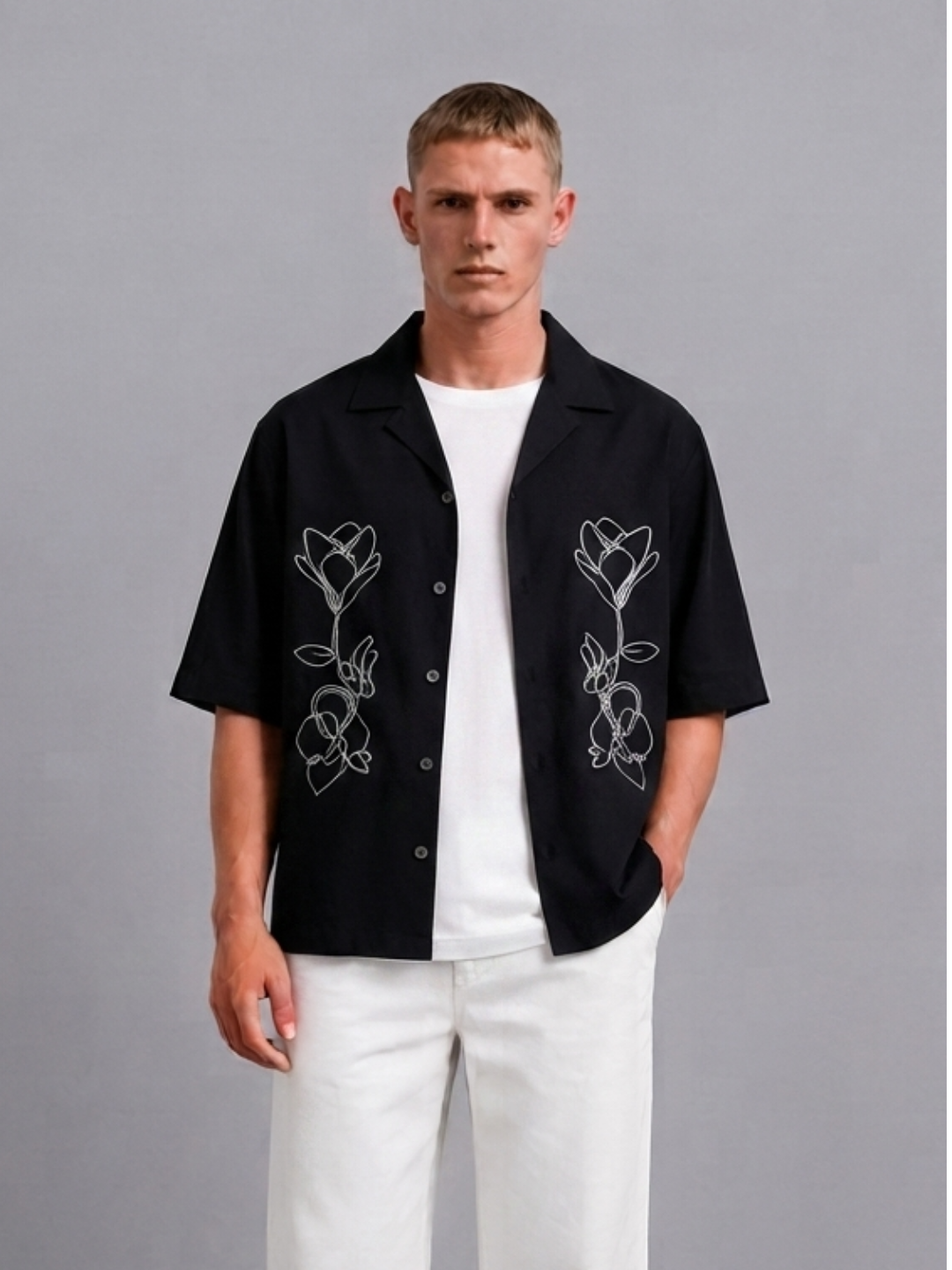 Black Embroidered Relaxed Fit Oversized Half Sleeve Casual Resort Shirt