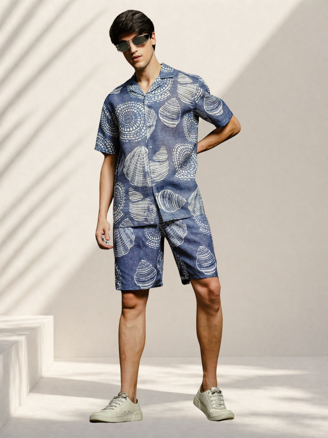 Grey Tropical Print Linen Blend Cuban Collar Resort Shirt & Shorts Co-ord Set