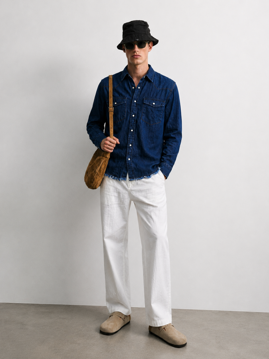 Navy Blue Raw Edge Oversized Relaxed Fit Spread Collar Premium Denim Full Sleeve Shirt
