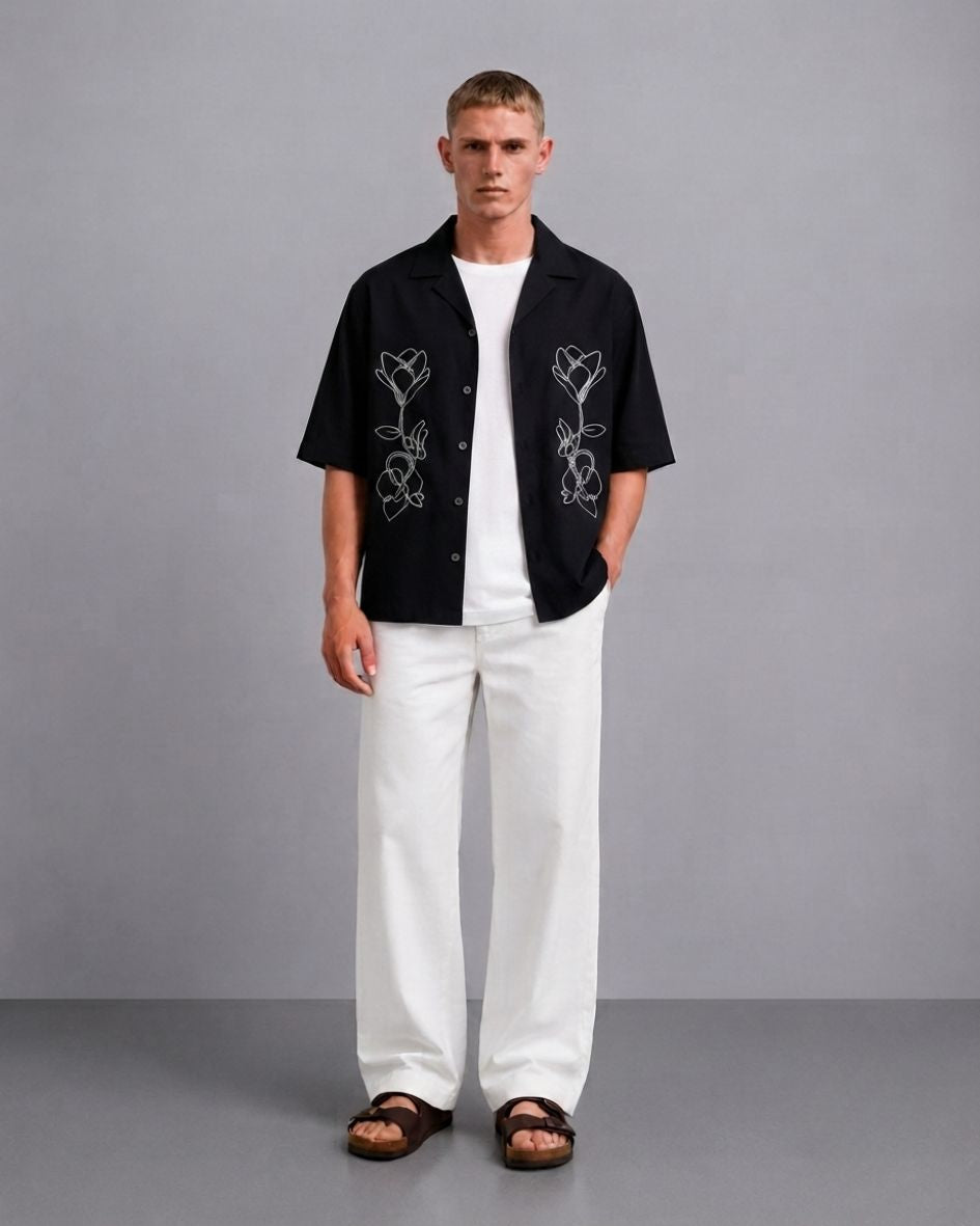 Black Embroidered Relaxed Fit Oversized Half Sleeve Casual Resort Shirt