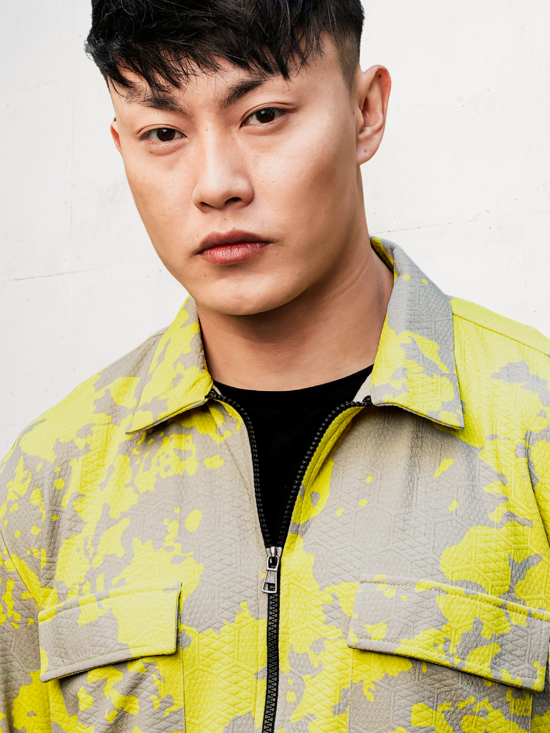 Neon Grey Splatter Abstract Print Textured Drop-Shoulder Relaxed Fit Shirt Zipper Shirt