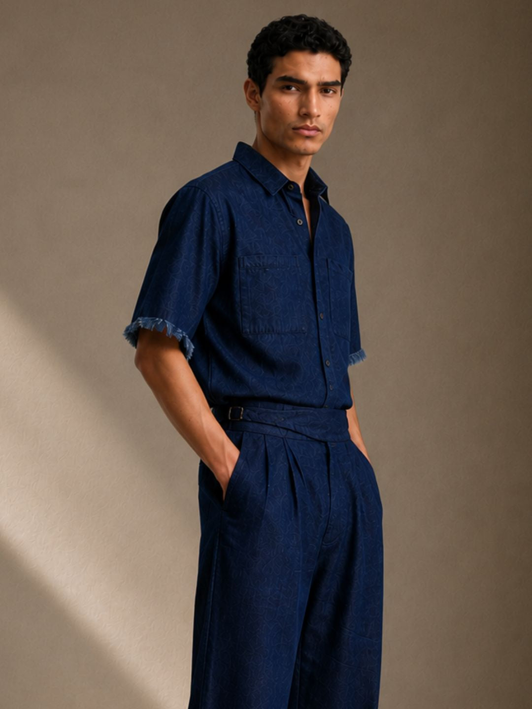 Co-Ord Set Navy Blue Premium Denim Gurkha Pant & Half Sleeve Shirt Relaxed Fit