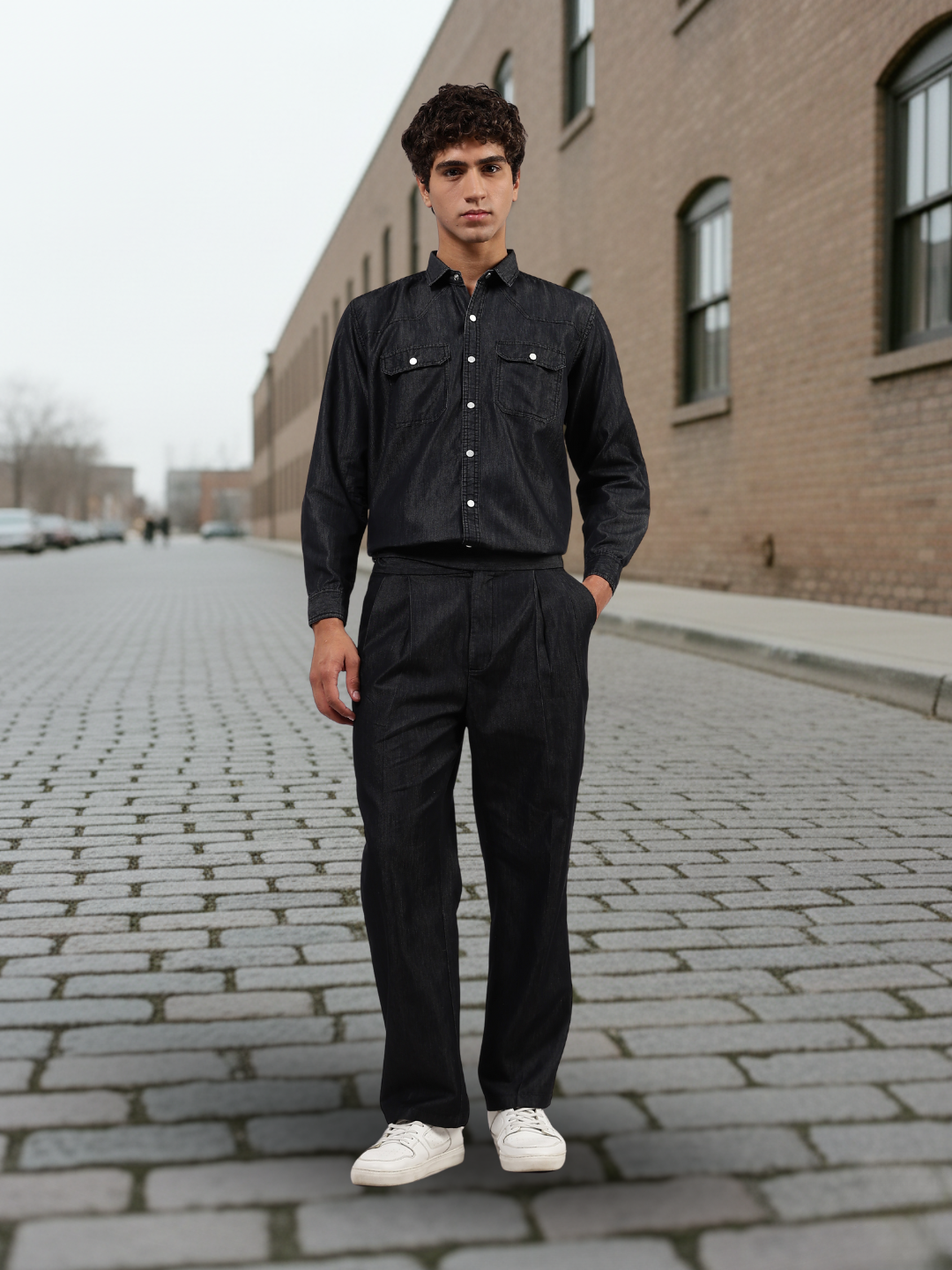 Black Raw Edge Oversized Relaxed Fit Full Sleeve Spread Collar Premium Denim Shirt