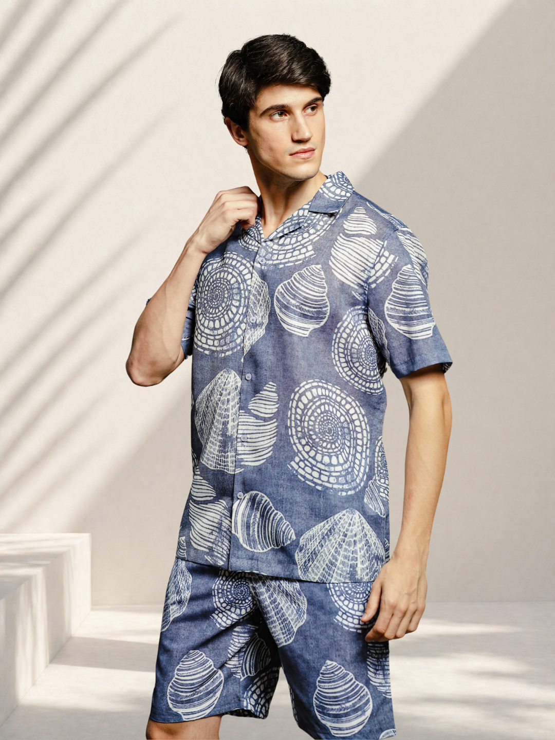 Grey Tropical Print Linen Blend Cuban Collar Resort Shirt & Shorts Co-ord Set