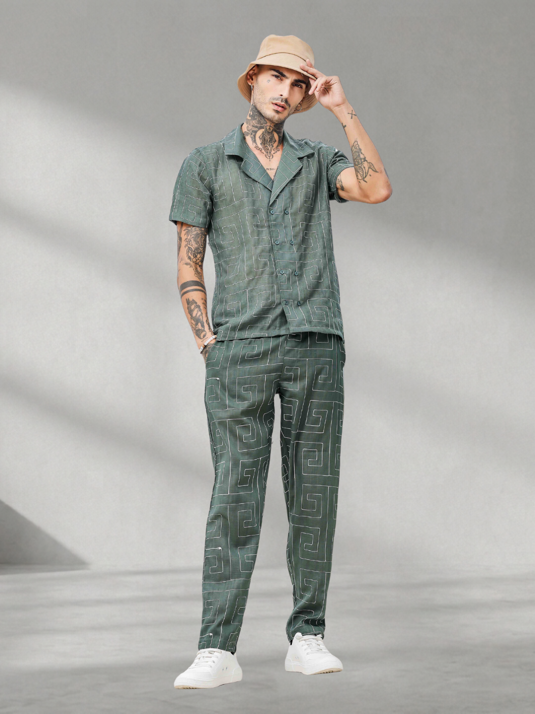 Olive Linen Blend Embroidered Notched Lapel Shirt and All Day Pants Co-ord Set