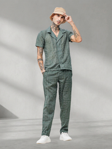 Olive Linen Blend Embroidered Korean Style Shirt and All Day Pants Co-ord Set