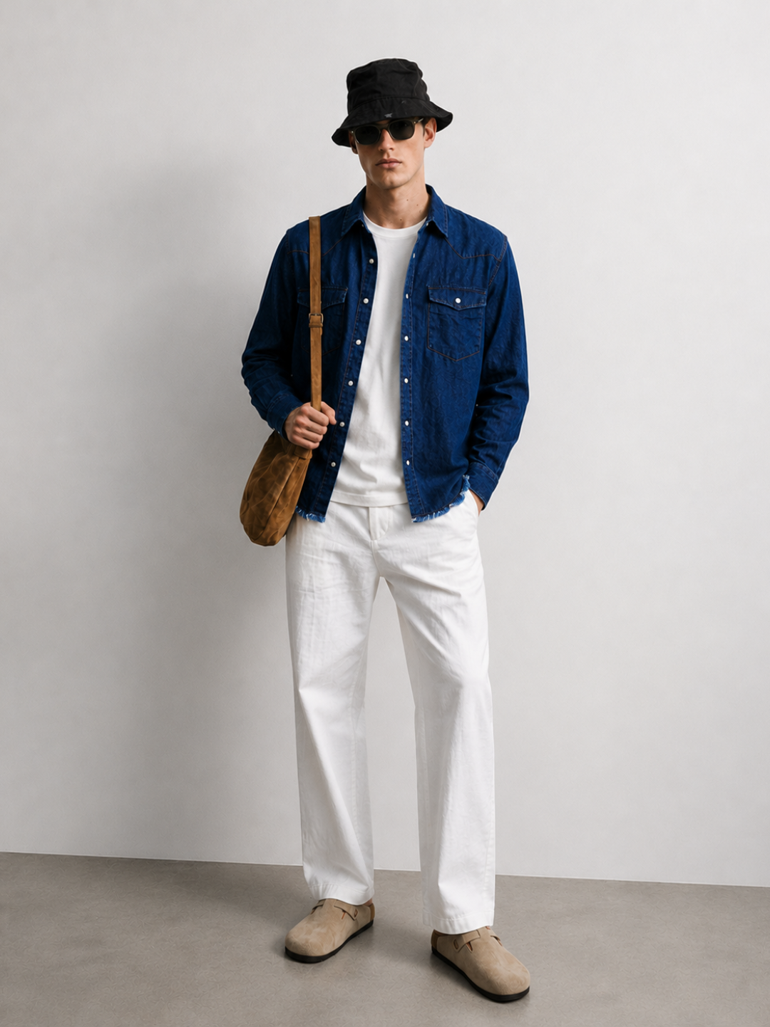 Navy Blue Raw Edge Oversized Relaxed Fit Spread Collar Premium Denim Full Sleeve Shirt