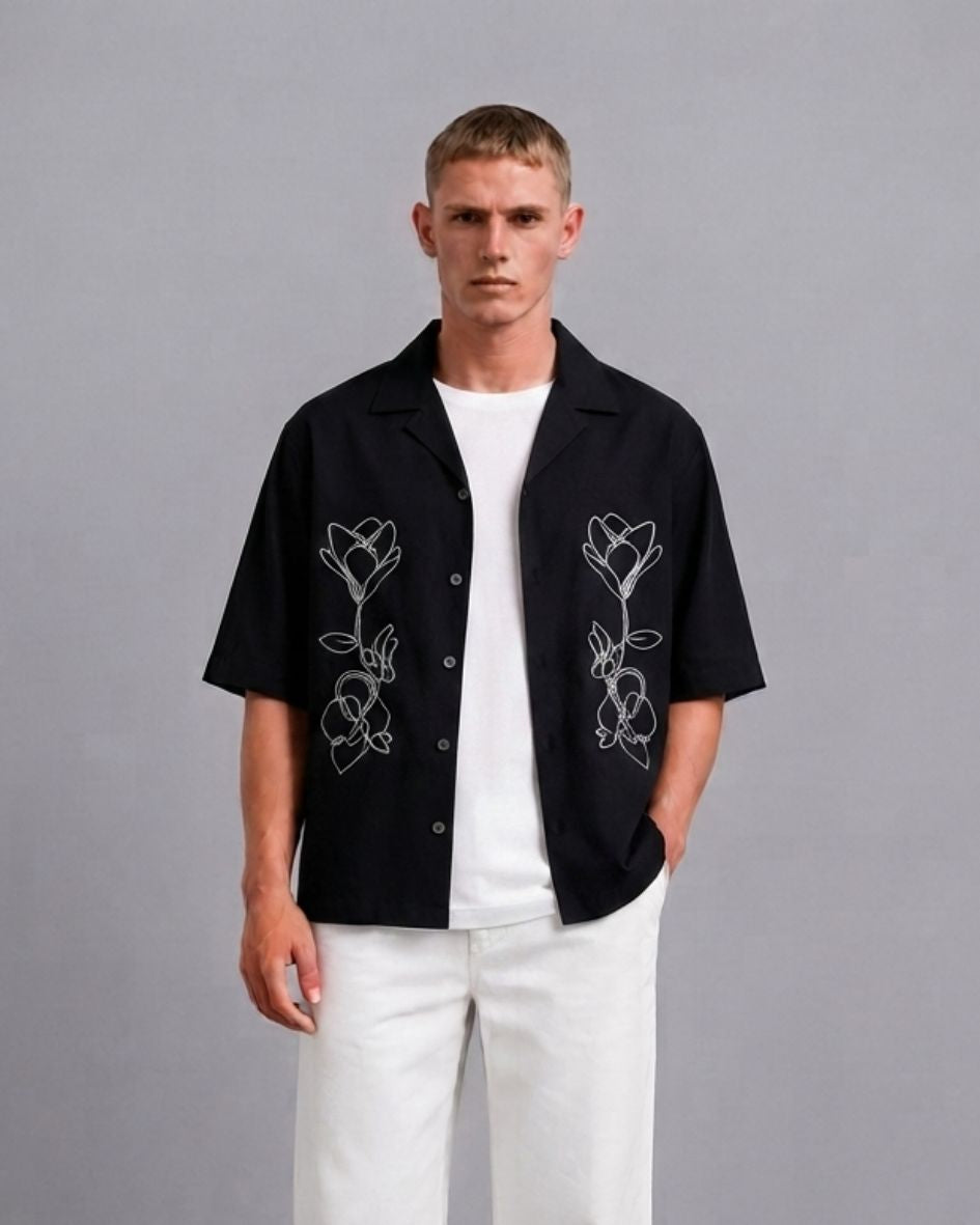 Black Embroidered Relaxed Fit Oversized Half Sleeve Casual Resort Shirt