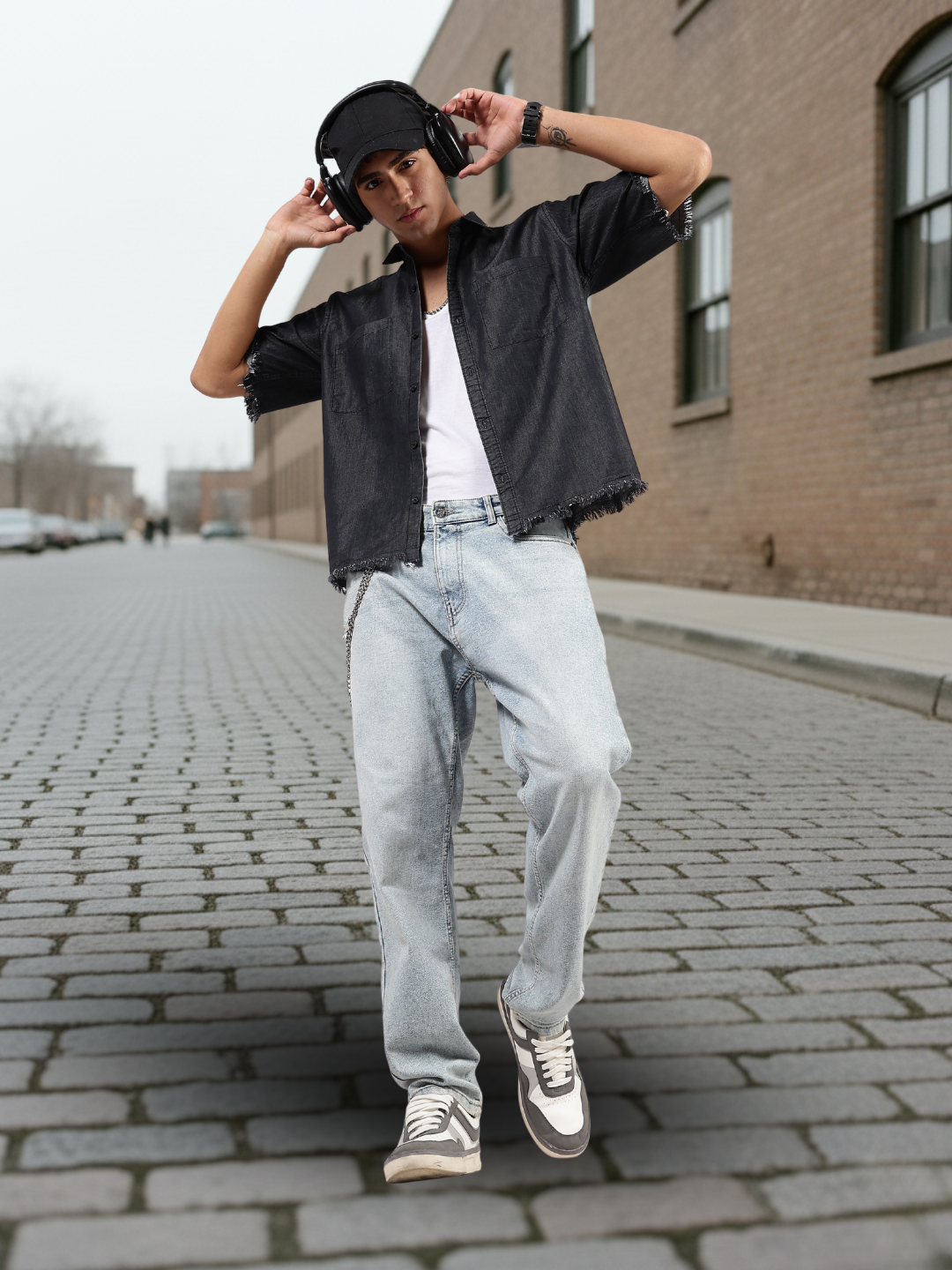 Black Raw Edge Oversized Box-Fit Spread Collar Premium Denim Shirt