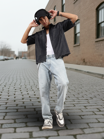 Black Raw Edge Oversized Box-Fit Spread Collar Premium Denim Shirt