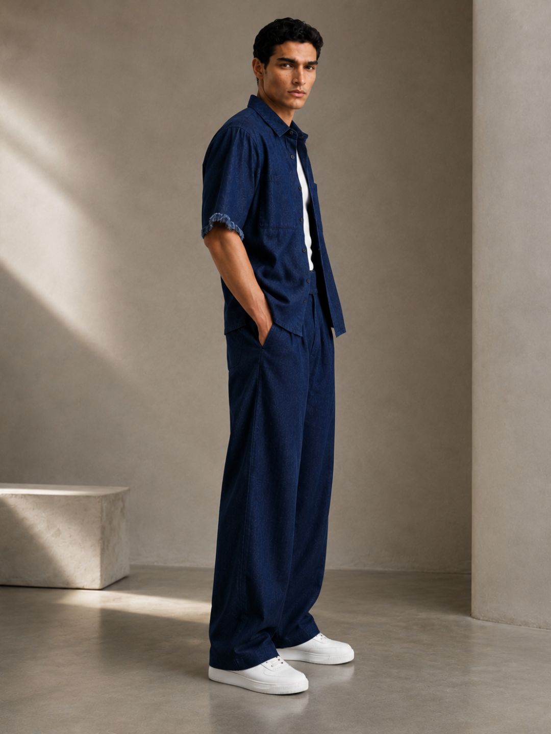 Navy Blue Premium Denim Gurkha Trousers with Double Pleated Front