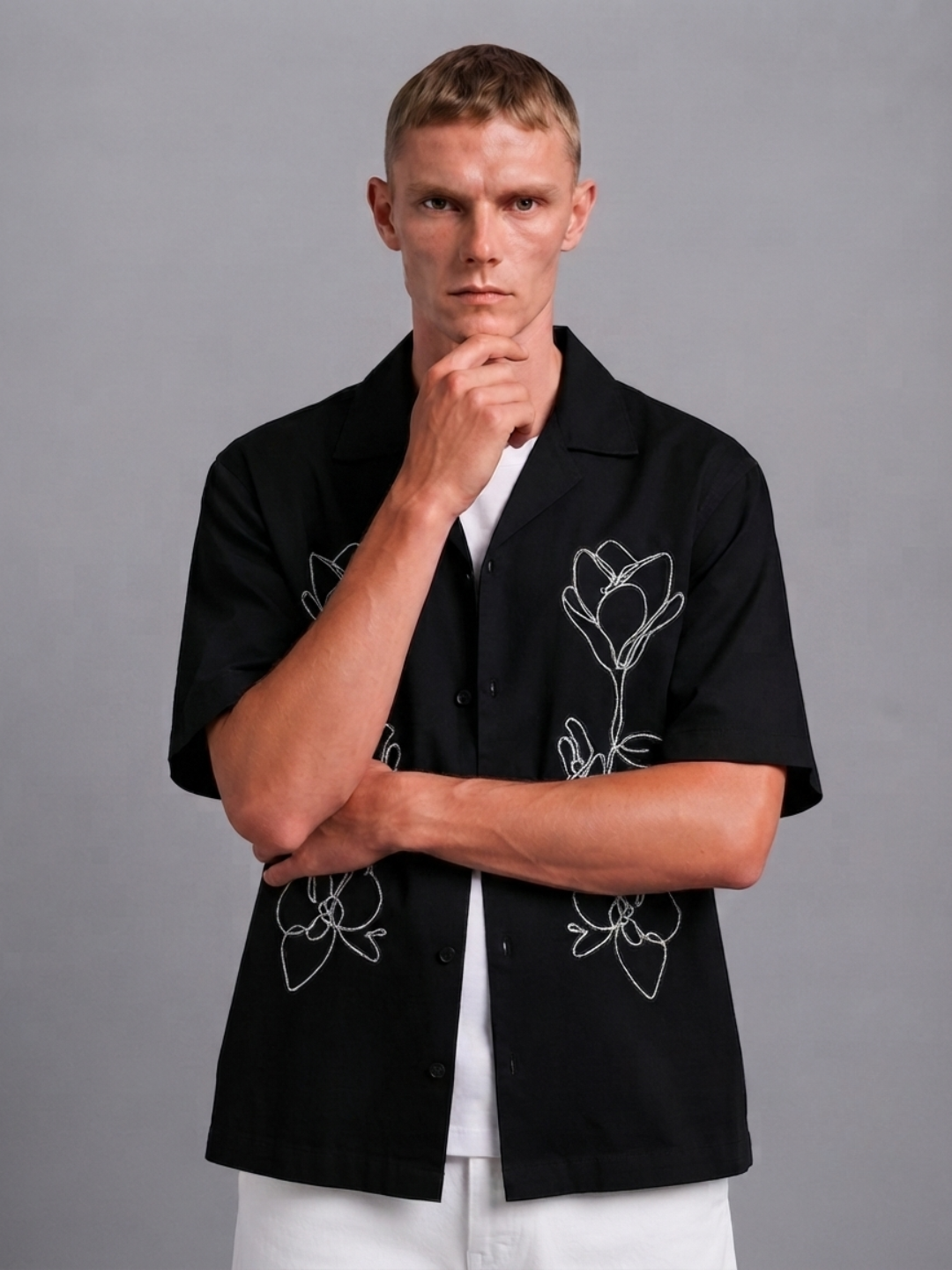 Black Embroidered Relaxed Fit Oversized Half Sleeve Casual Resort Shirt