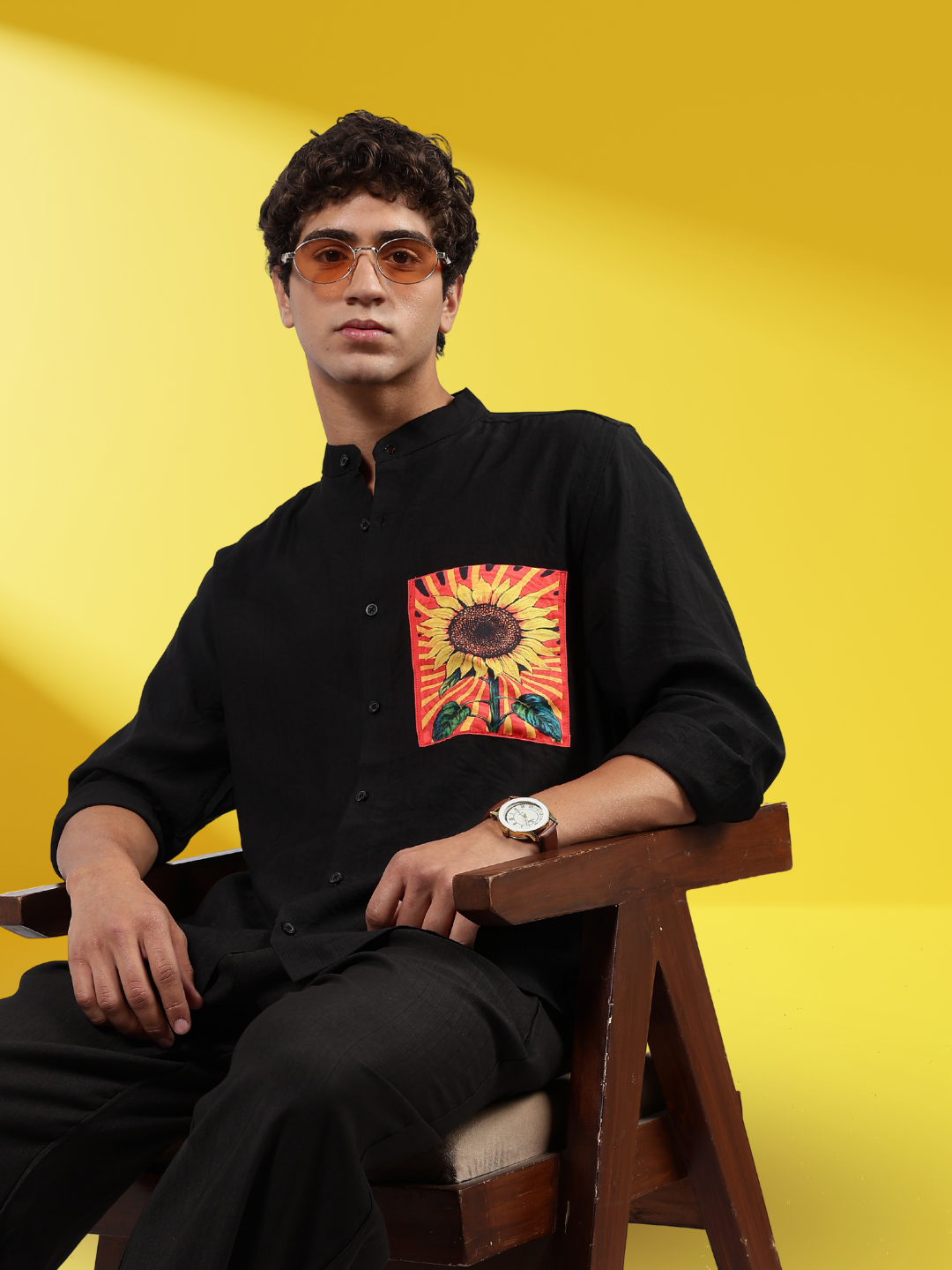 Black Mandarin Collar Pure Viscose Relaxed Fit Shirt 2.0